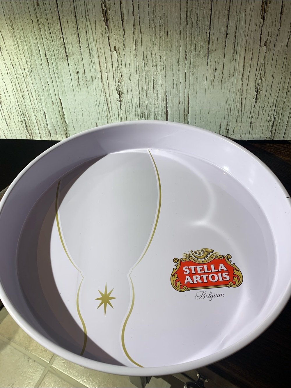 Stella Artois Beer White Metal Serving Tray with Gold Accent